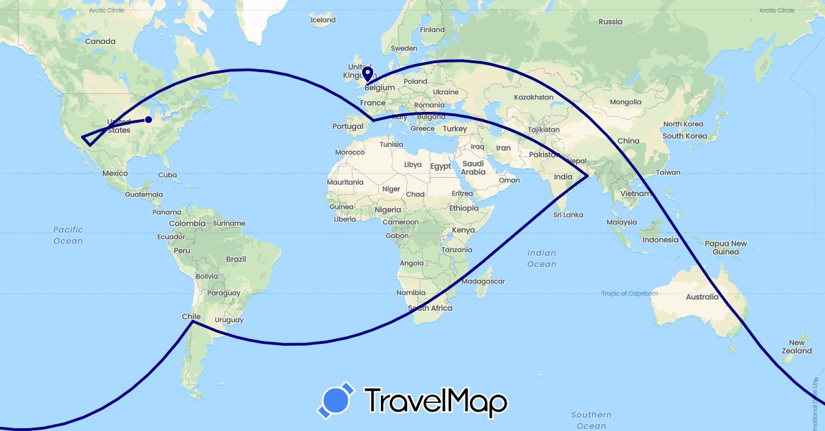 TravelMap itinerary: driving in Australia, Chile, Spain, United Kingdom, India, United States (Asia, Europe, North America, Oceania, South America)
